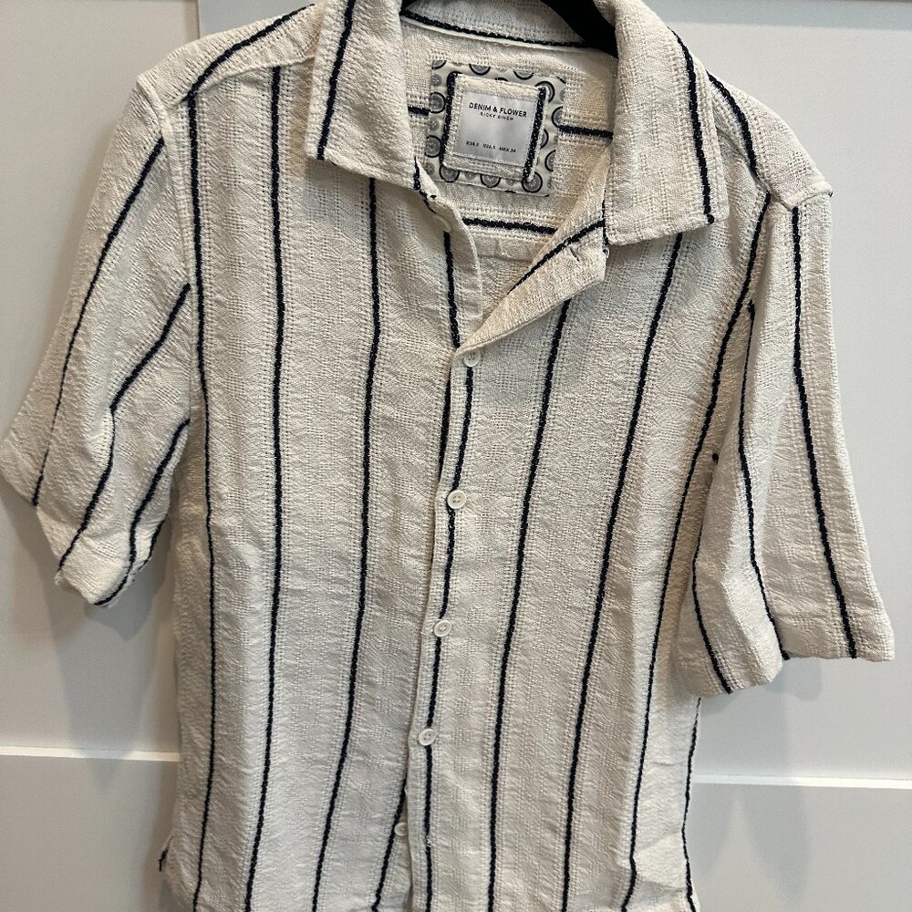 Denim & Flower by Ricky Singh Textured Striped Button-Down Shirt – White with Na